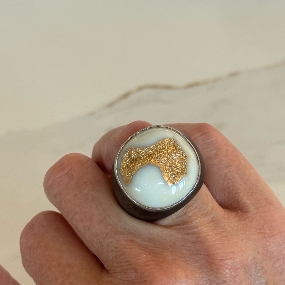 STUNNING • Natural Golden Druzy Agate Geode Ring - Picture 2 of 9